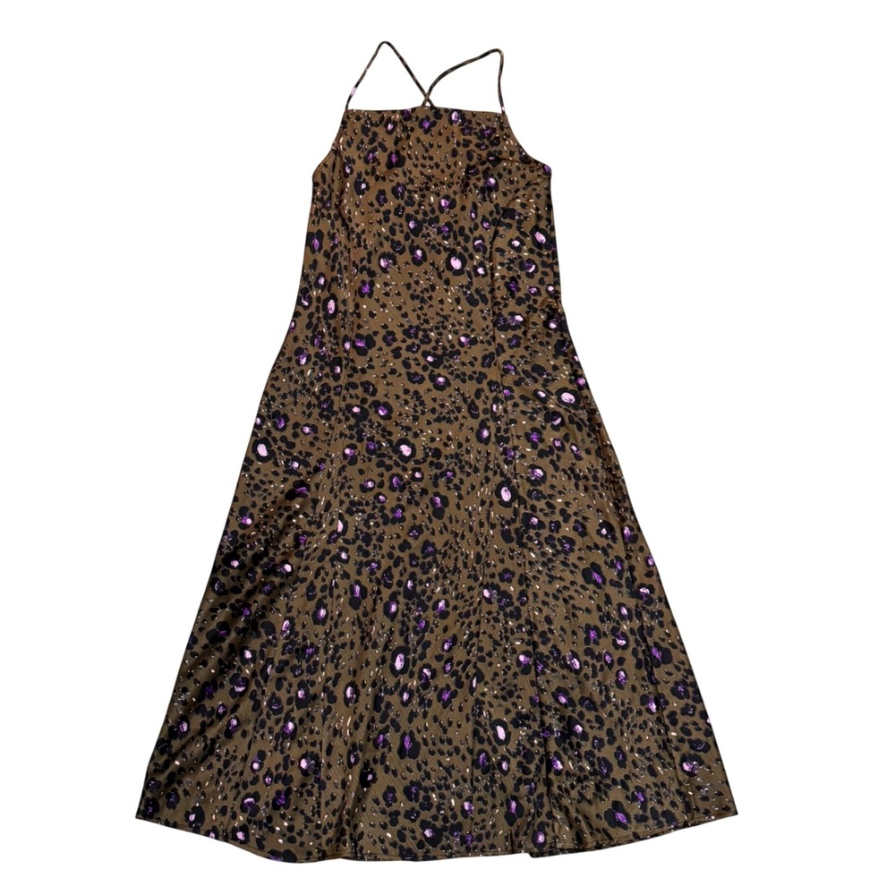Walter Baker Leopard Print Dress Women Small Olive Purple NWT Open Back‎ Maxi